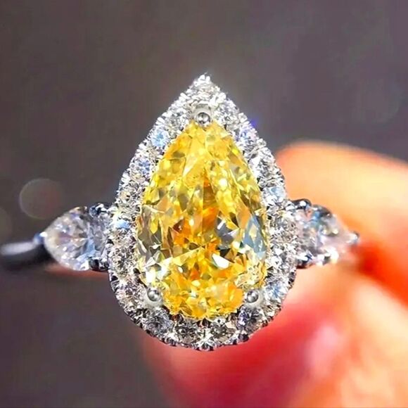 Yellow Pear Cut Sapphire & Clear White Baguette Diamond Cocktail Ring 925 Silver - Picture 1 of 5